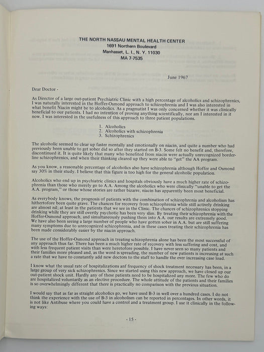 The Vitamin B-3 Therapy Communications - Signed by Bill W. & Dr. Abram Hoffer