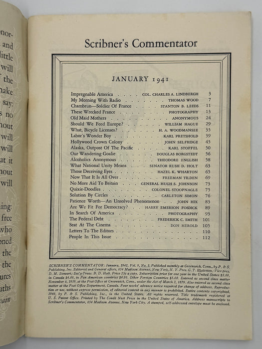 Scribner’s Commentator January 1941 - Featuring “Alcoholics Anonymous” by Theodore English
