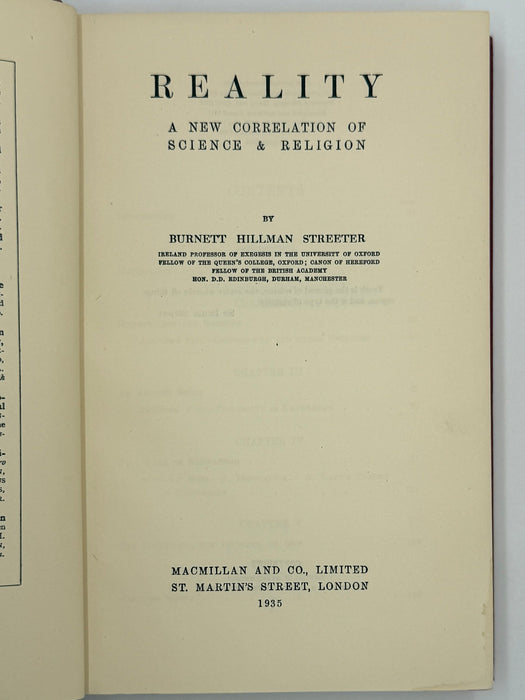 REALITY: A NEW CORRELATION OF SCIENCE & RELIGION BY BURNETT HILLMAN STREETER Recovery Collectibles