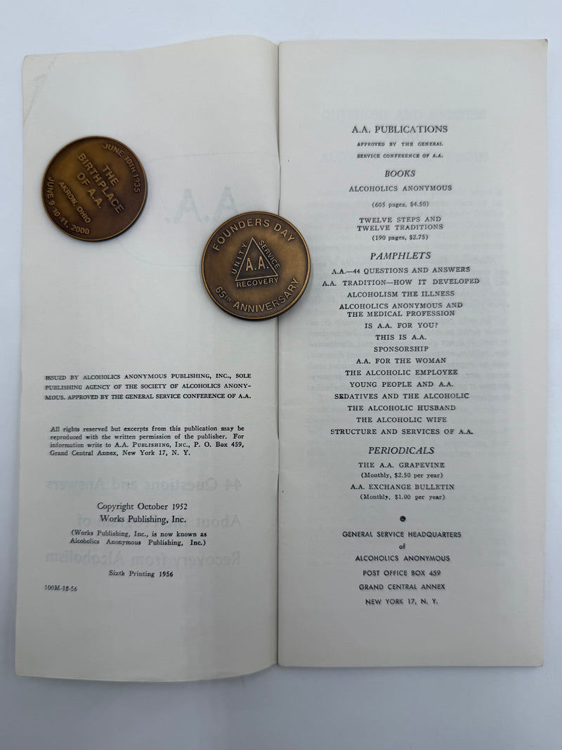 A.A. 44 Questions and Answers - Pamphlet - Sixth Printing from 1956