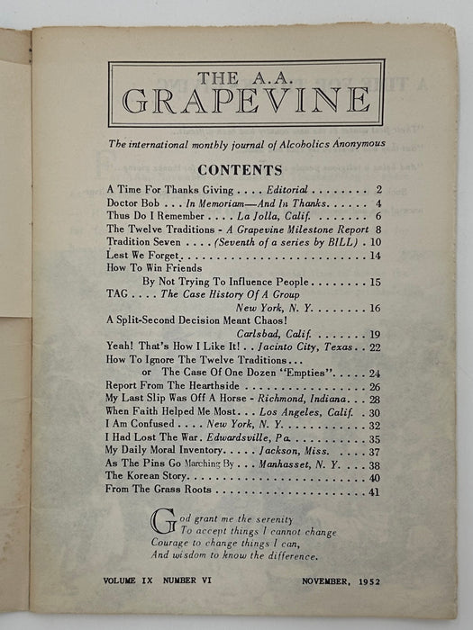 AA Grapevine from November 1952 - Tradition Seven