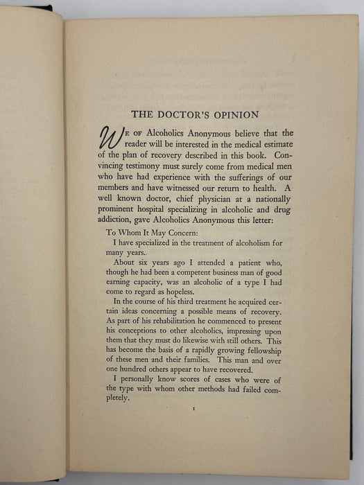 Alcoholics Anonymous Big Book First Edition 4th Printing from 1943 - Green Cover - Original dust jacket