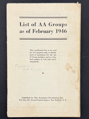 List of AA Groups as of February 1946 — Early Alcoholics Anonymous Directory