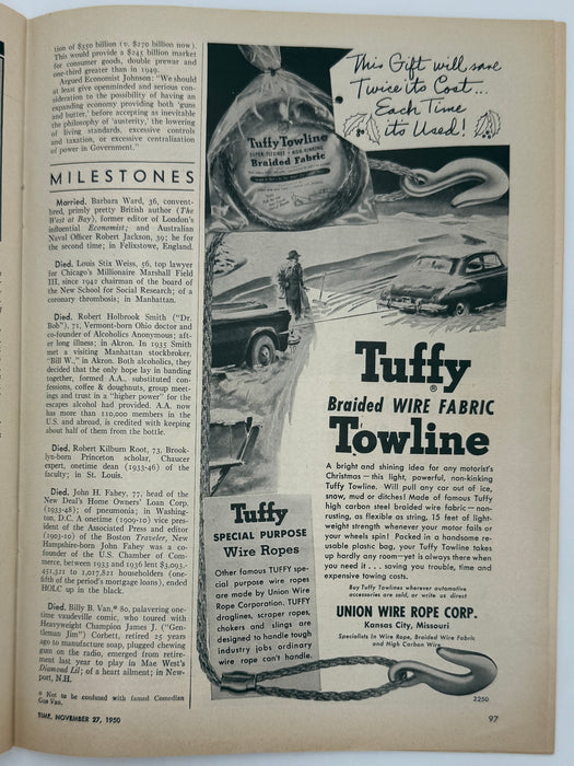 Time Magazine – November 27, 1950 Featuring the Death Notice of Dr. Bob Smith