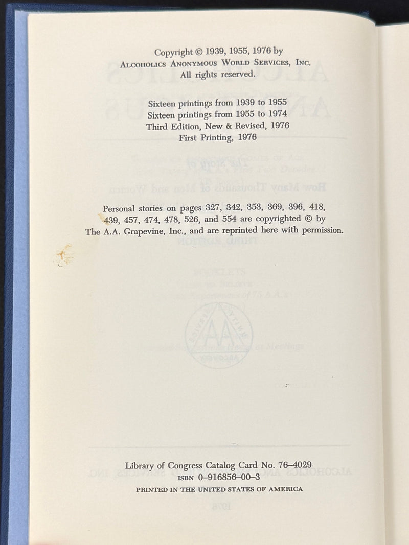 1976 Alcoholics Anonymous Big Book – Third Edition, First Printing – (ODJ)
