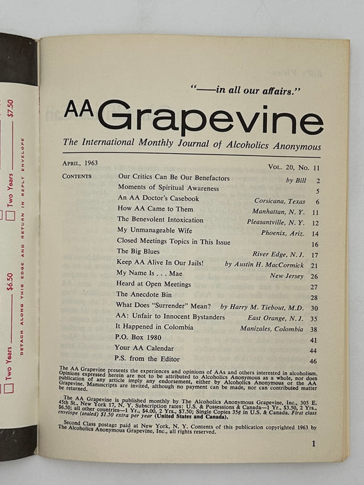 AA Grapevine from April 1963 - Our Critics Can Be Our Benefactors by Bill