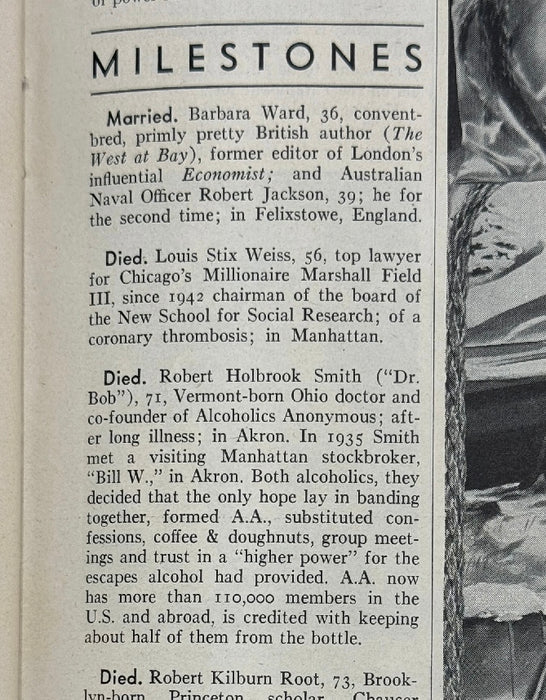 Time Magazine – November 27, 1950 Featuring the Death Notice of Dr. Bob Smith