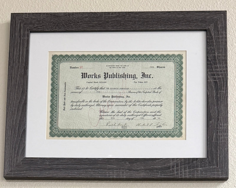 Original Works Publishing Stock Certificate - Issued to The Alcoholic Foundation