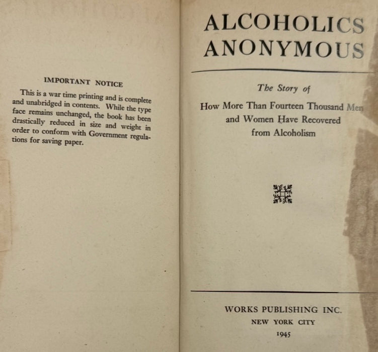 Alcoholics Anonymous Extremely RARE First Edition 7th Printing Big Book from 1945 - RDJ
