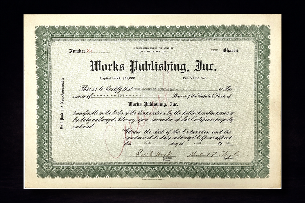 Original Works Publishing Stock Certificate - Issued to The Alcoholic Foundation
