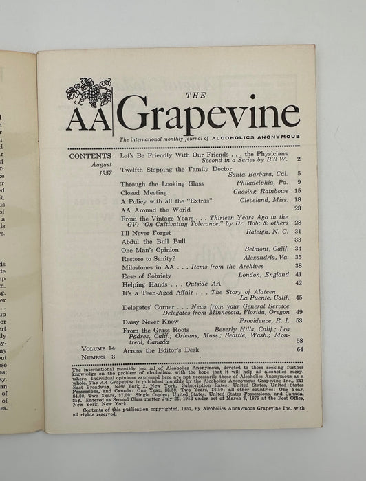 AA Grapevine - August 1957 Recovery Collectibles