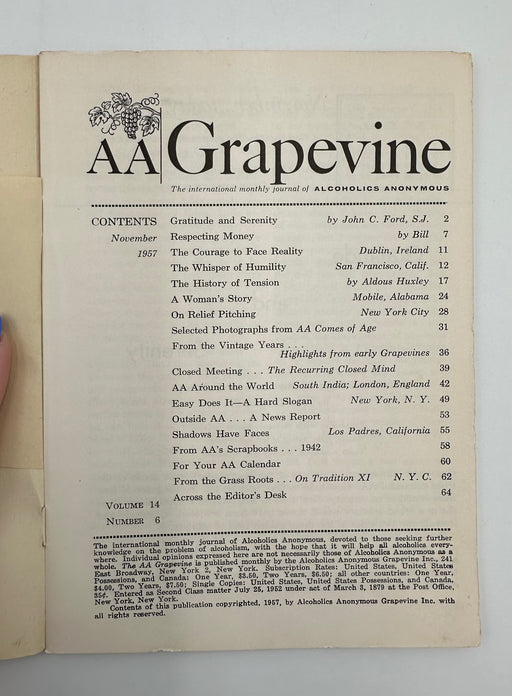 Copy of AA Grapevine - Traditions Month - November 1957 Recovery Collectibles