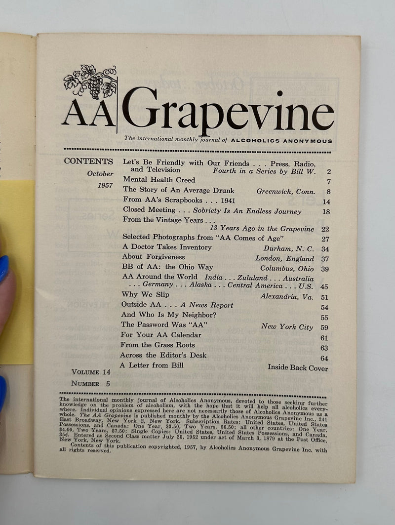 AA Grapevine - AA Comes of Age - October 1957 Recovery Collectibles
