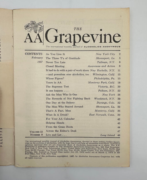 AA Grapevine - February 1957 Recovery Collectibles