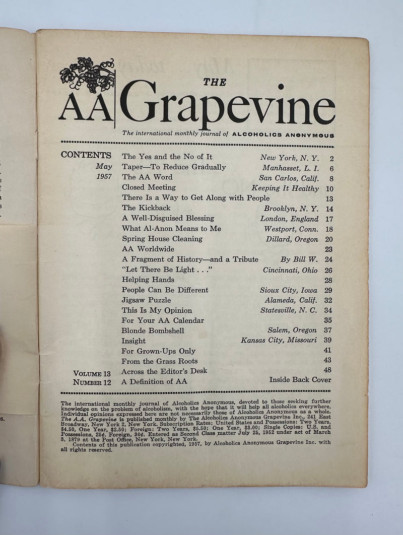AA Grapevine - May 1957 Recovery Collectibles