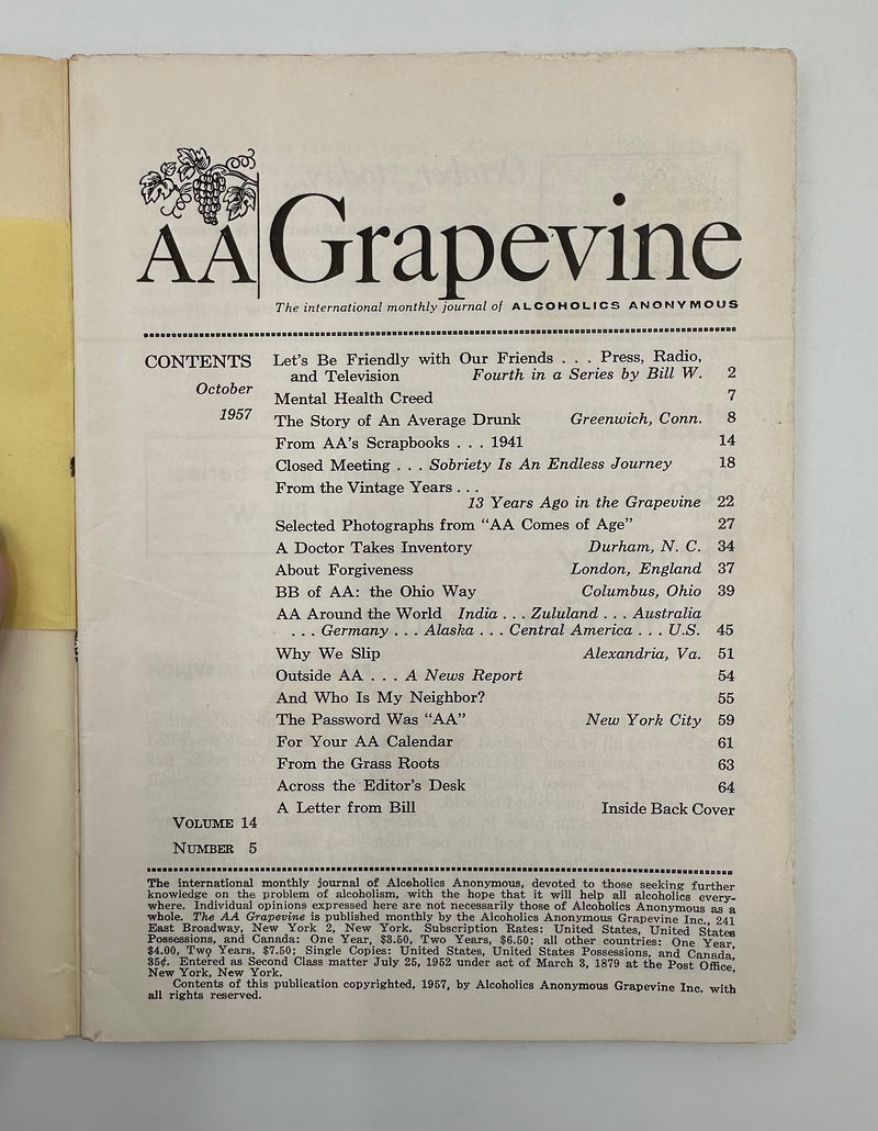 AA Grapevine - AA Comes of Age - October 1957 Recovery Collectibles