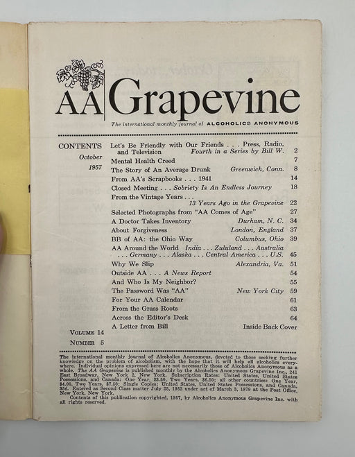 AA Grapevine - AA Comes of Age - October 1957 Recovery Collectibles