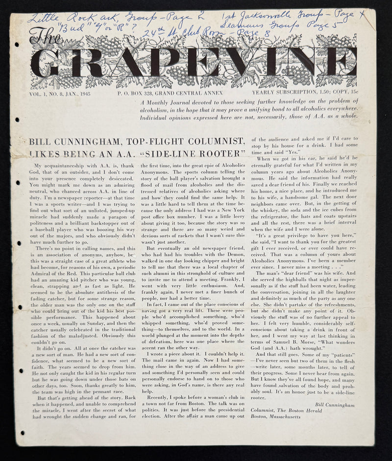 January 1945 A.A. Grapevine Vol. I No. 8 featuring Bill Cunningham, Charles Jackson, Marty Mann, and early Alcoholics Anonymous history