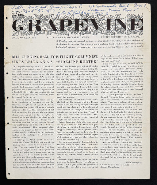 January 1945 A.A. Grapevine Vol. I No. 8 featuring Bill Cunningham, Charles Jackson, Marty Mann, and early Alcoholics Anonymous history