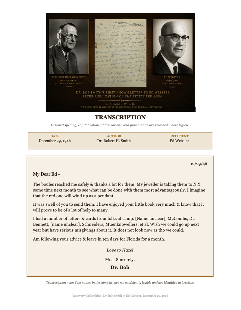 Dr. Bob Smith Signed Letter to Ed Webster Following Publication of the Little Red Book