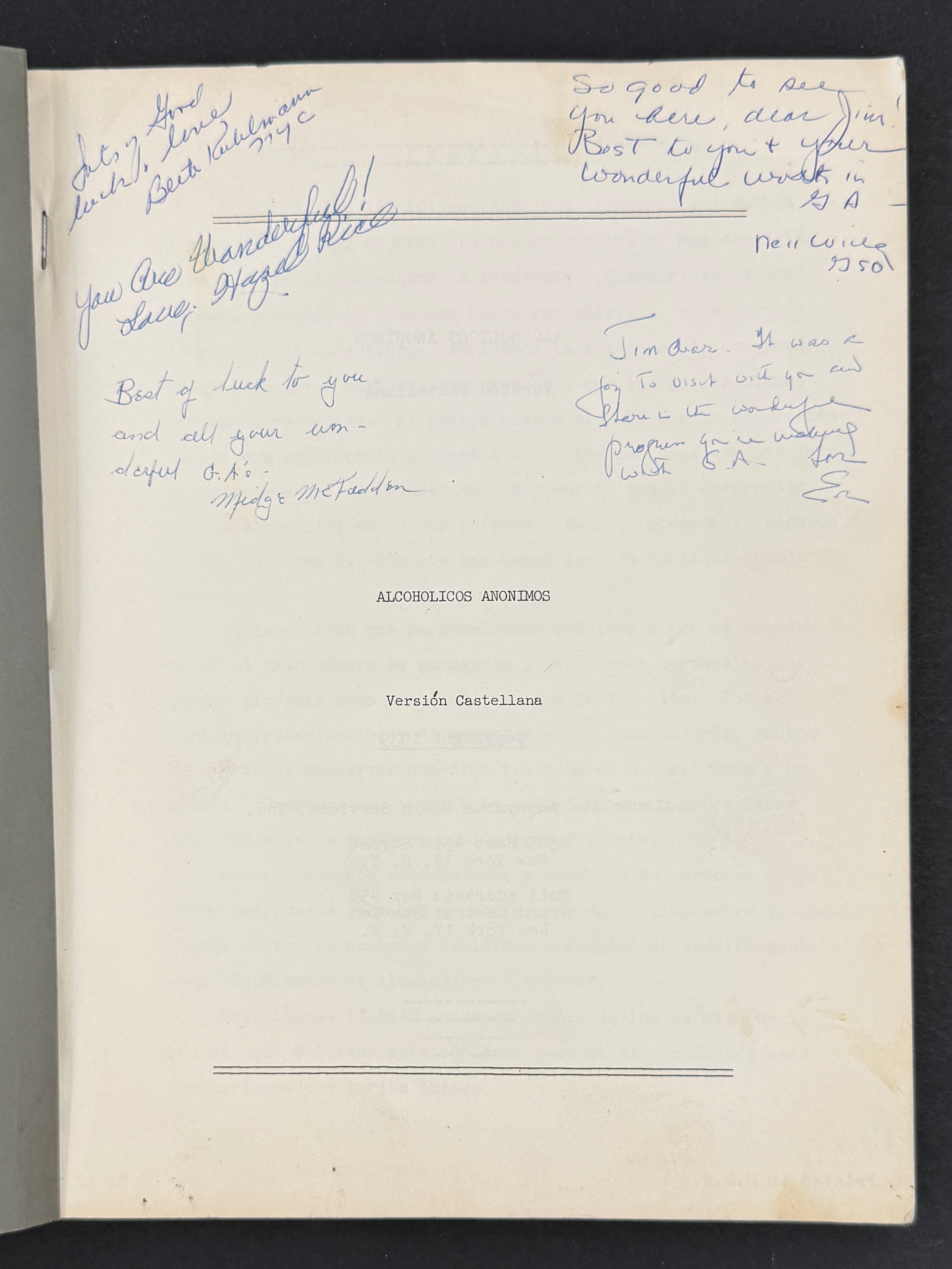 Presentation inscriptions to Jim Willis