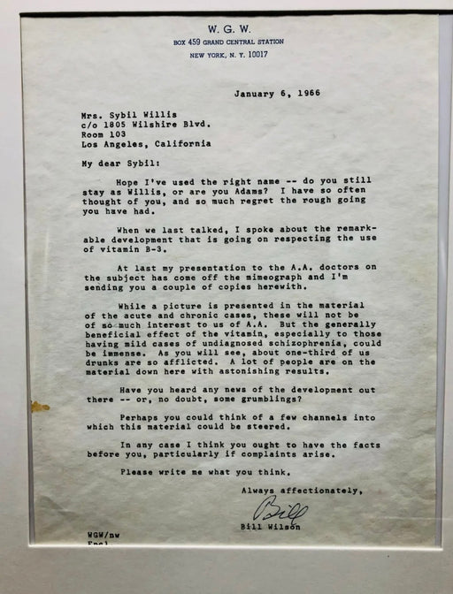 Framed Letter from Bill W. to Sybil - Vitamin B3 package - 1965 Recovery Collectibles