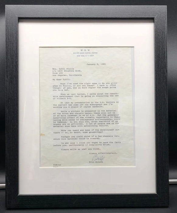 Framed Letter from Bill W. to Sybil - Vitamin B3 package - 1965 Recovery Collectibles