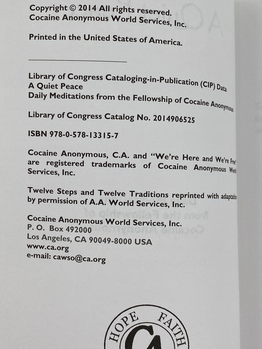 A Quiet Peace - Daily Meditations from the Fellowship of Cocaine Anonymous - First Printing Recovery Collectibles