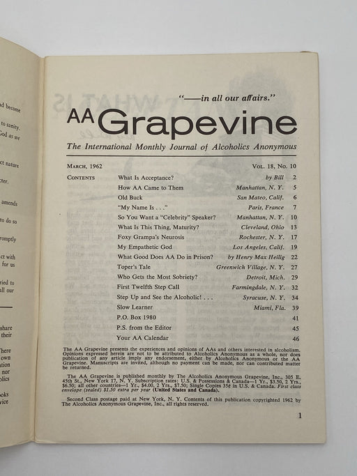 AA Grapevine - Acceptance by Bill - March 1962 Recovery Collectibles