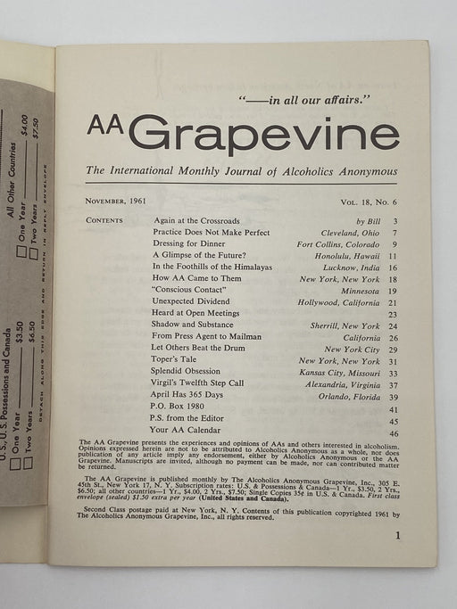AA Grapevine - Again at the Crossroads by Bill - November 1961 Recovery Collectibles