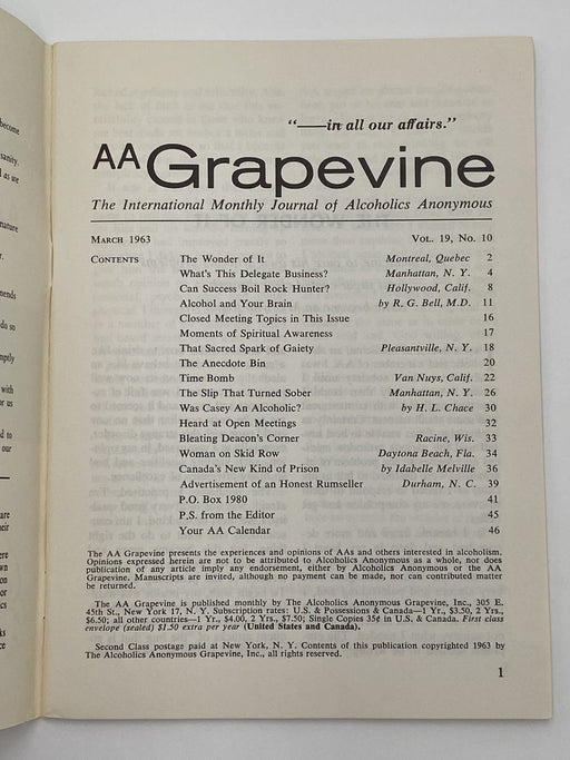 AA Grapevine - Alcohol and Your Brain - March 1963 Recovery Collectibles
