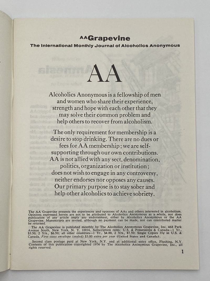 AA Grapevine - Amnesia - April 1974 Recovery Collectibles