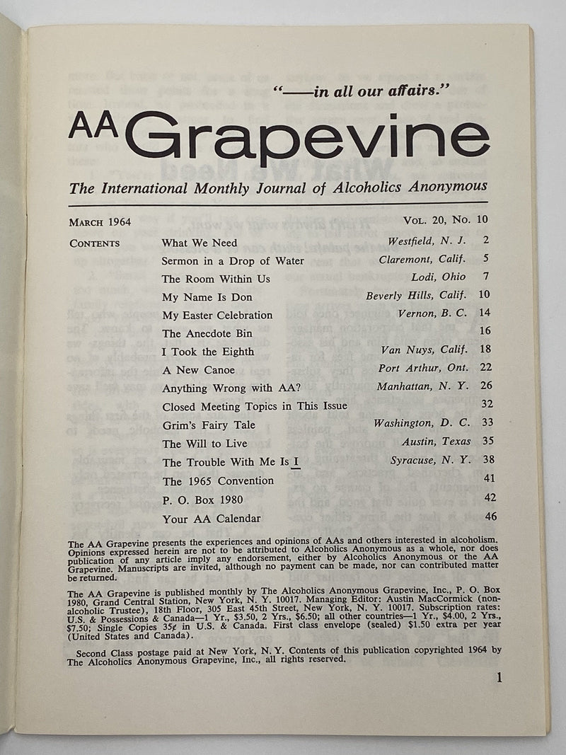 AA Grapevine - Anything Wrong With AA - March 1964 Recovery Collectibles