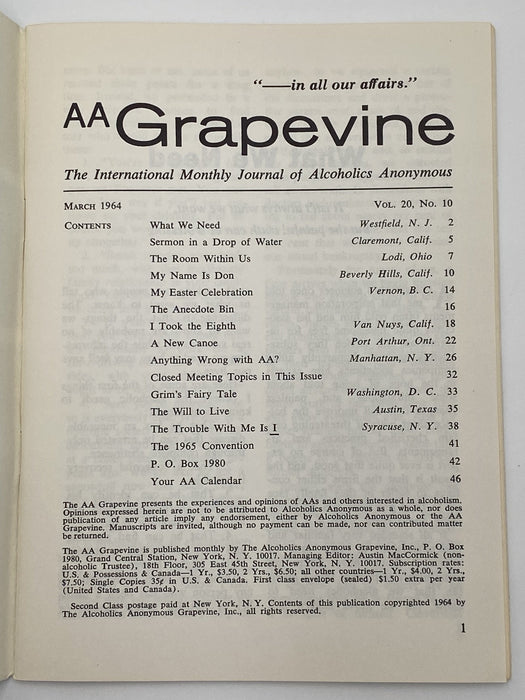 AA Grapevine - Anything Wrong With AA - March 1964 Recovery Collectibles
