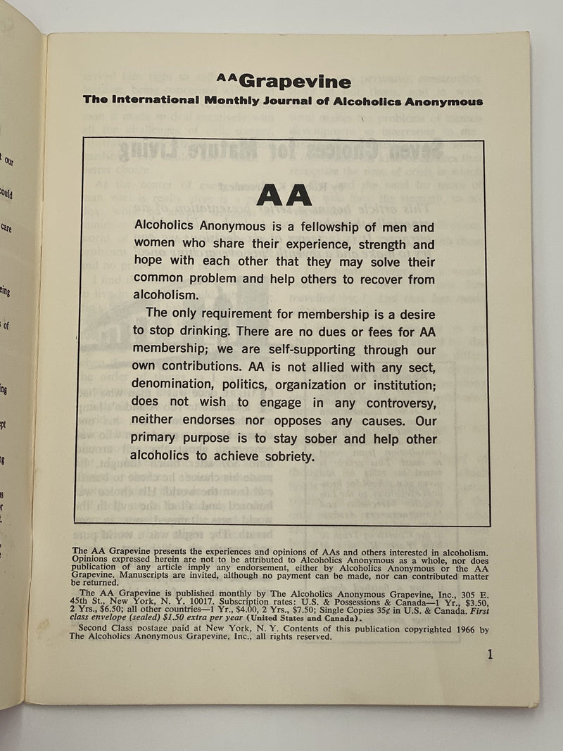 AA Grapevine - Bill W on Why We Are Anonymous - May 1966 Recovery Collectibles