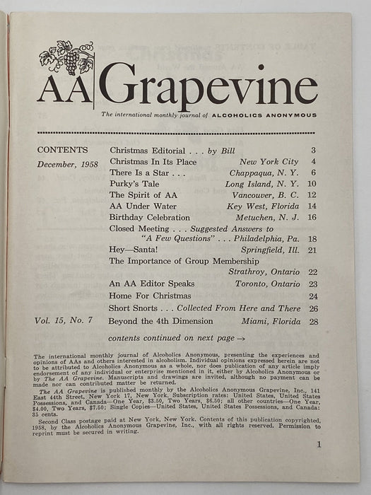 AA Grapevine - Christmas Editorial by Bill - December 1958 Recovery Collectibles