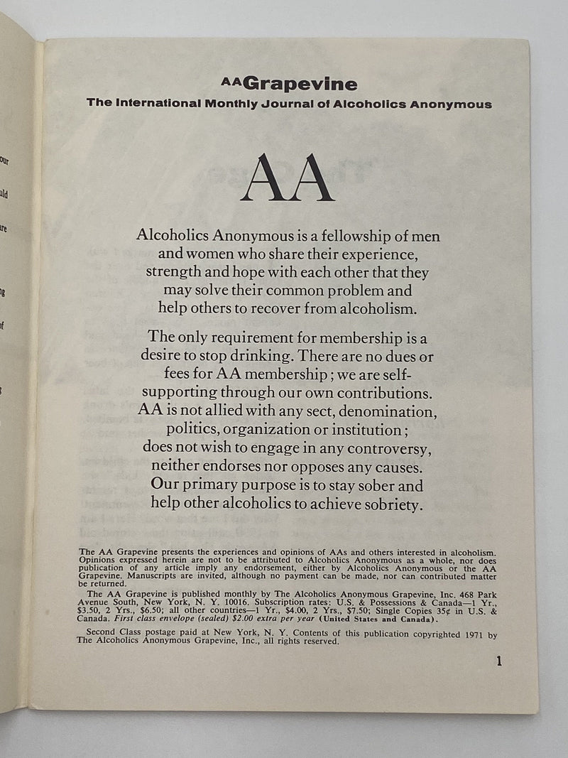 AA Grapevine - Comfortable Sobriety - July 1971 Recovery Collectibles