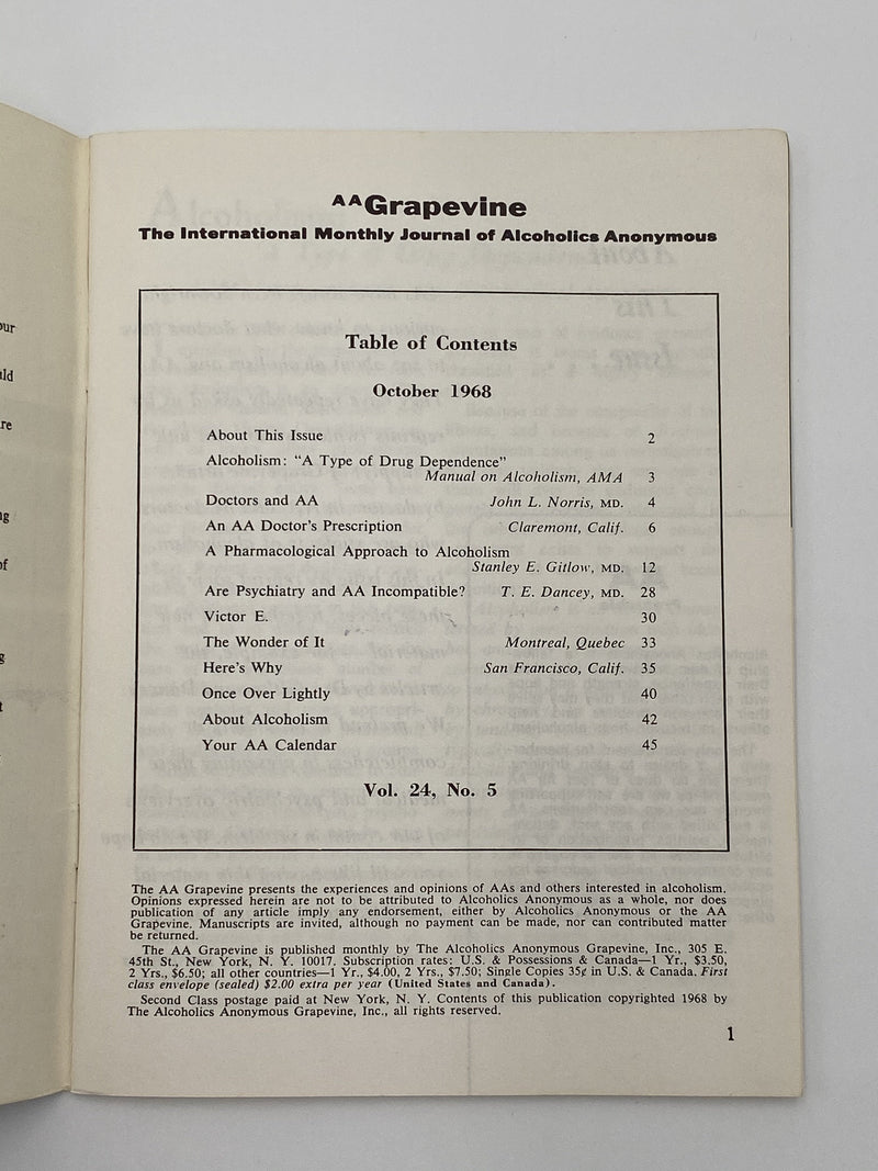 AA Grapevine - Doctors, Alcohol, and AA - October 1968 Recovery Collectibles