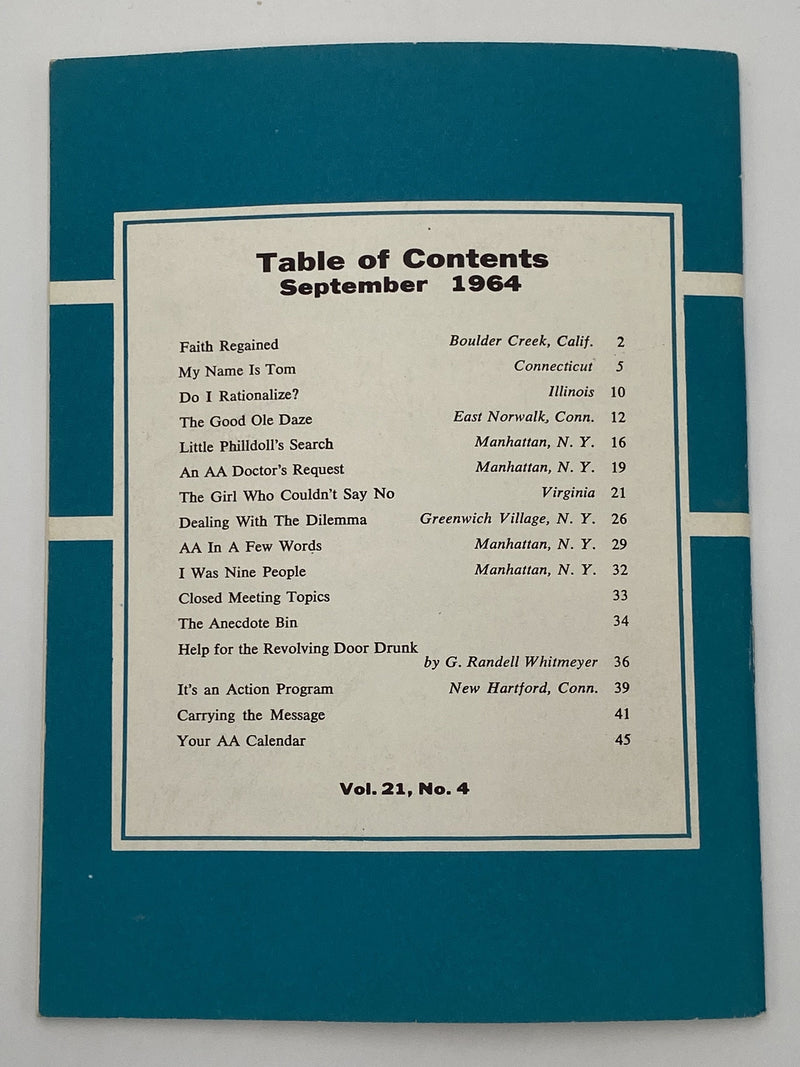 AA Grapevine - Faith Regained - September 1964 Recovery Collectibles