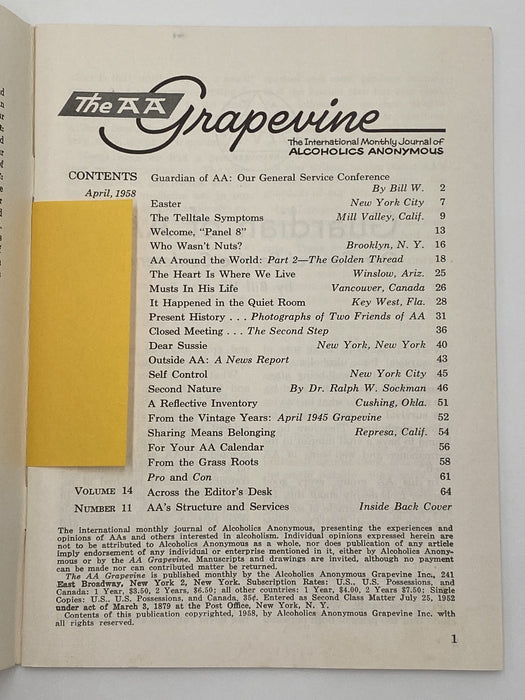 AA Grapevine - Guardian of AA by Bill - April 1958 Recovery Collectibles