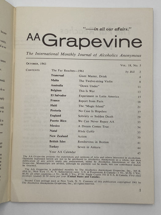 AA Grapevine - International Issue - October 1961 Recovery Collectibles