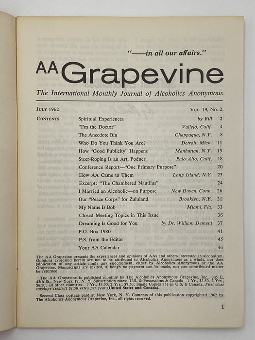 AA Grapevine - July 1962 - Spiritual Experiences by Bill Recovery Collectibles