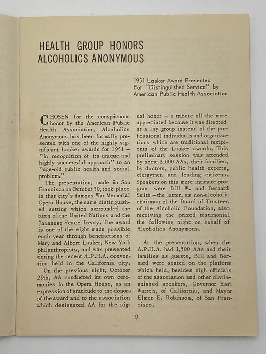 AA Grapevine - Lasker Award - December 1951 Recovery Collectibles