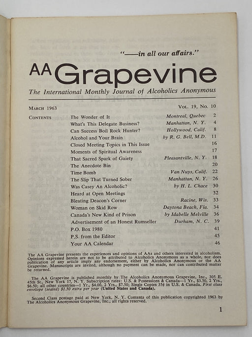 AA Grapevine - March 1963 - Alcohol and Your Brain Recovery Collectibles