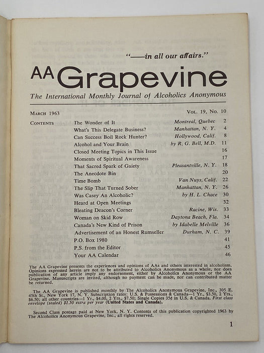 AA Grapevine - March 1963 - Alcohol and Your Brain Recovery Collectibles