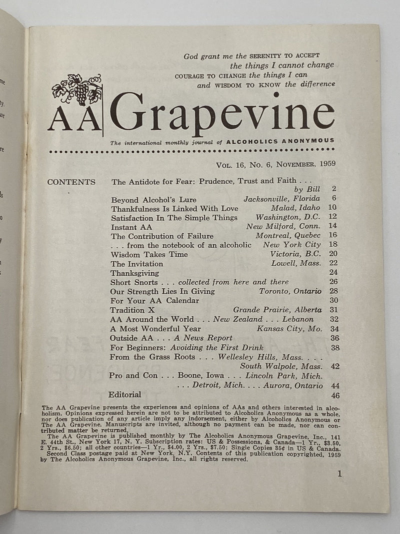 AA Grapevine - November 1959 - Traditions Month Recovery Collectibles