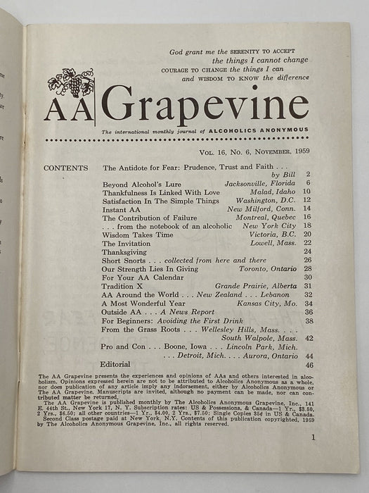 AA Grapevine - November 1959 - Traditions Month Recovery Collectibles