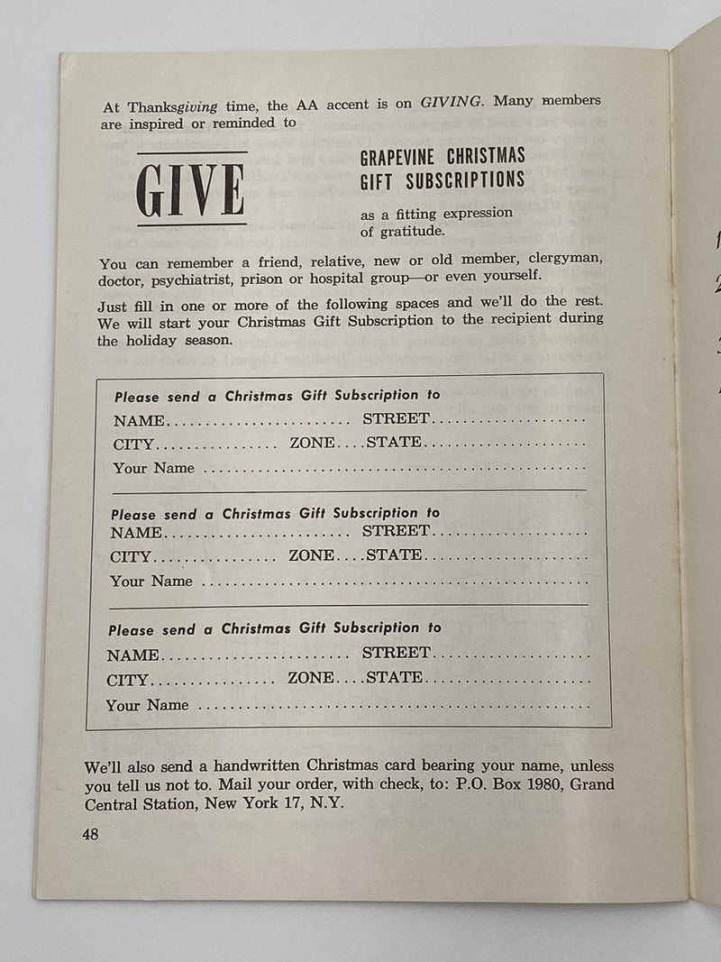 AA Grapevine - November 1959 - Traditions Month Recovery Collectibles