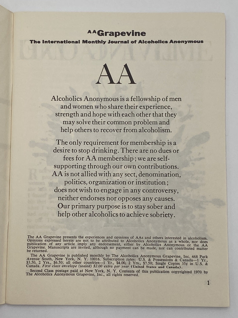 AA Grapevine - Psychiatry and Alcoholism - August 1970 Recovery Collectibles