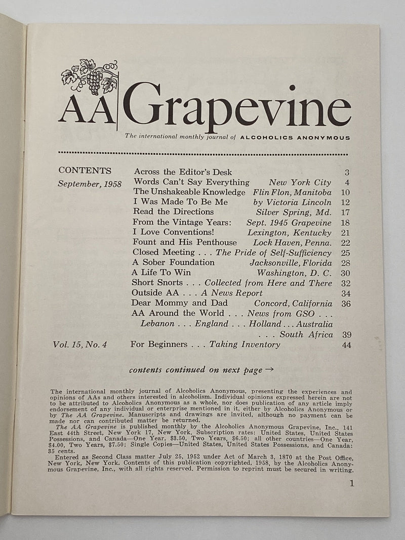 AA Grapevine - September 1958 Recovery Collectibles